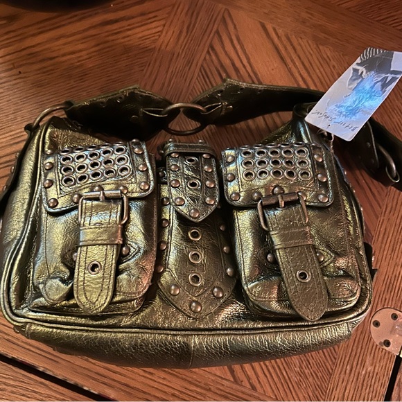 Vintage BETSEY JOHNSON Olive Heavy Metal Studded Satchel Handbag - Picture 3 of 16